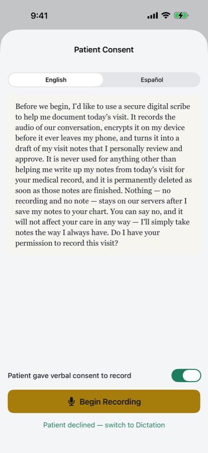 Patient consent screen, English and Spanish