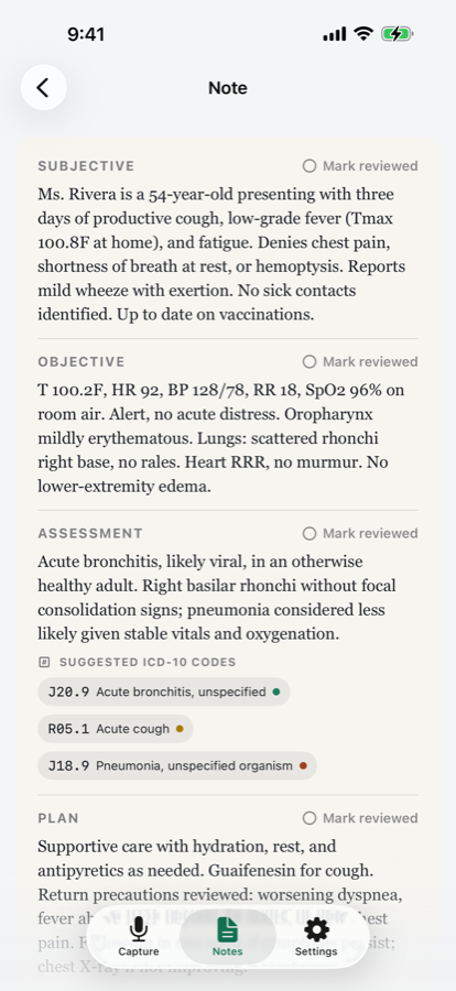 Drafted SOAP note with suggested ICD-10 codes