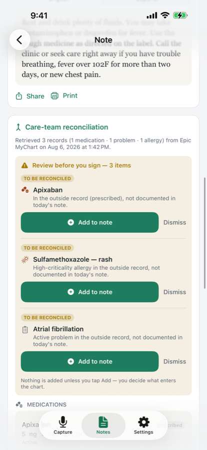 Care-team reconciliation flags to review before signing